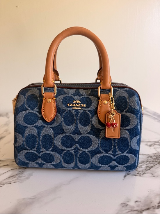 Coach Handbags - Coach Blue Denim Signature Mini Satchel with Tan Leather Trim